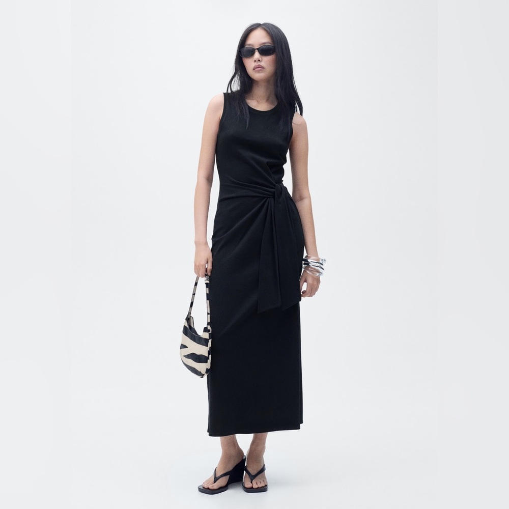 Mango COTTON MIDI-DRESS WITH KNOT DETAIL Black Midi Dress with Side Tie Size L